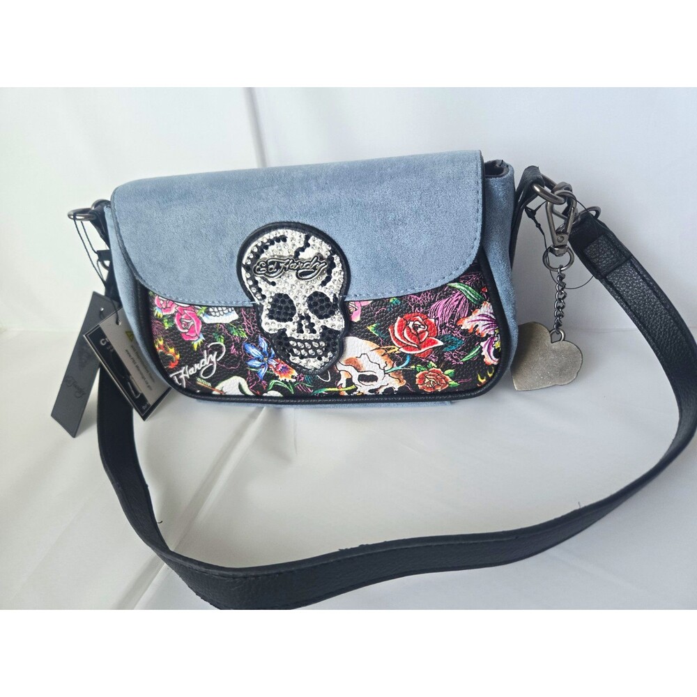 Ed Hardy Small Rhinestone Skull Floral Zip Crossbody Bag w/ Detachable Strap